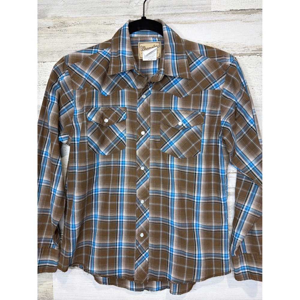 Wrangler Pearl Snap Shirt Boys Large Brown Blue Plaid Western Cowboy *Flawed*